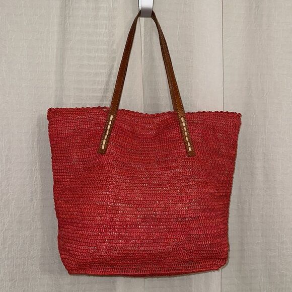 Mar Y Sol Coral Portland Crocheted Raffia Carryall Tote Genuine Leather Handle - Picture 2 of 10